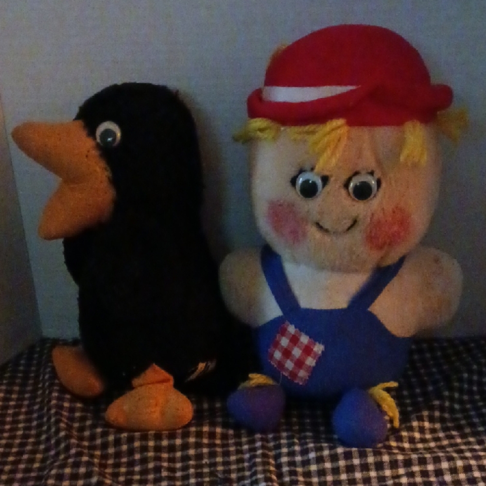 Plush Toy Set with Black Bird and Red Hat Doll